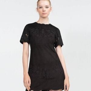 2/$30 ZARA Embroidered Faux Suede Tunic Dress M Black Scalloped Meshed #5213